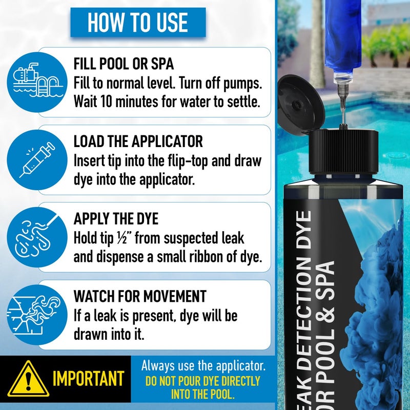 Escentile Pool Leak Detection Dye Kit - 75+ Tests - 2 Stainless Steel Precision Applicators - Superior Long Lasting Pool Dye Easily Locates Leaks - for All Pool, Spa, & Hot Tub Types - 8 OZ (Vibrant Blue) - Image 5