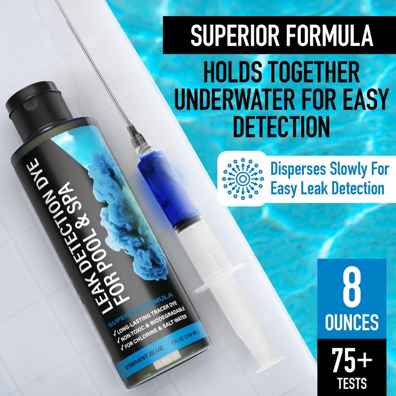 Escentile Pool Leak Detection Dye Kit - 75+ Tests - 2 Stainless Steel Precision Applicators - Superior Long Lasting Pool Dye Easily Locates Leaks - for All Pool, Spa, & Hot Tub Types - 8 OZ (Vibrant Blue) - Image 4