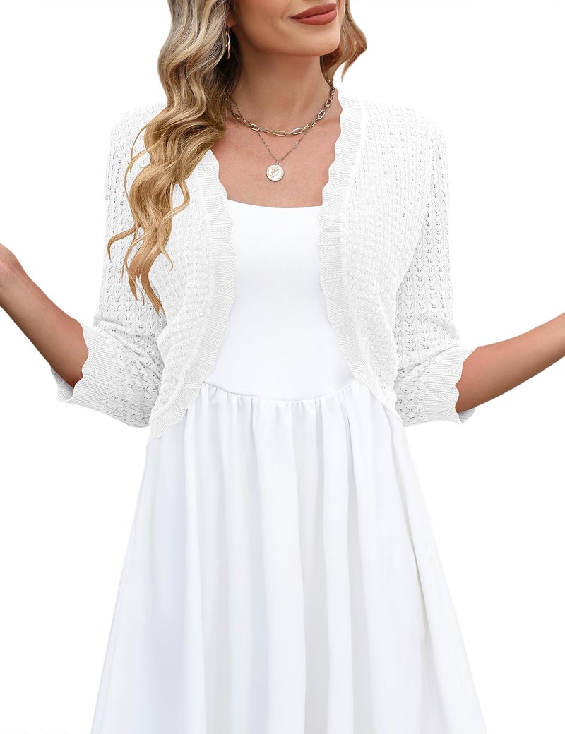 LOMON Womens 3/4 Sleeve Cardigan for Women Trendy Cropped Bolero Shrug Light-Weight Open Front Crochet Knit Sweater, M White - Image 1