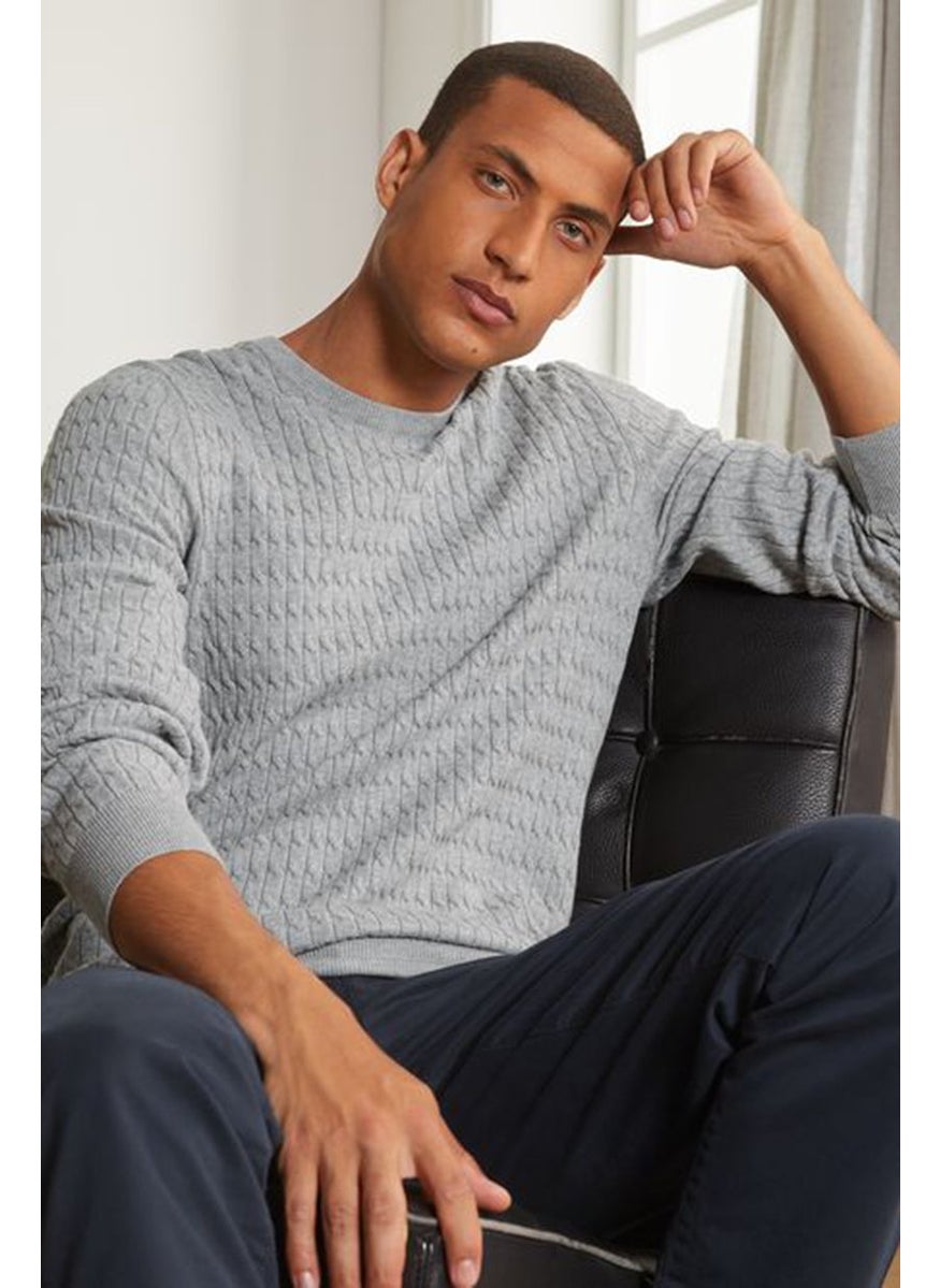 Tchibo Men Crew Neck Cable Stitch Sweatshirt, Grey  - Image 1