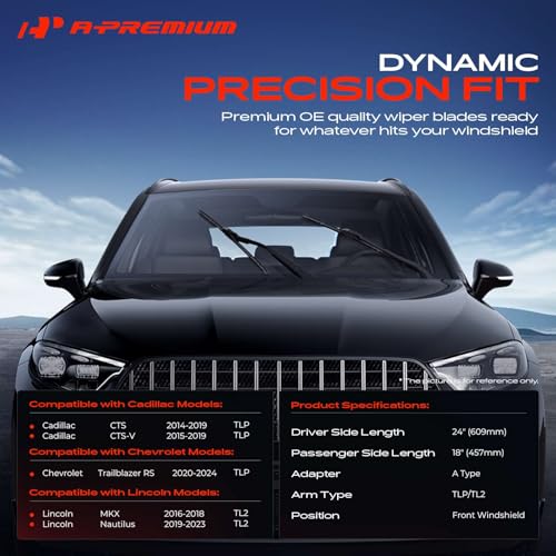 A-Premium Pack of 2 Windshield Wiper Blades with Wear Indicator & Towel - Compatible with Cadillac CTS, CTS-V & Lincoln MKX, Nautilus & Chevrolet Trailblazer RS - 24" and 18", TLP/TL2 Connector - Image 2