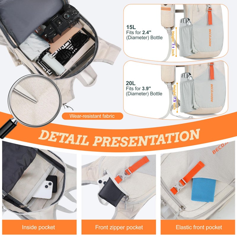 BECOJADDE 15L Small Hiking Backpack for Men Women Foldable Packable Back Pack Ultralight Hiking Daypack for Travel Camping Outdoor, Beige - Image 3
