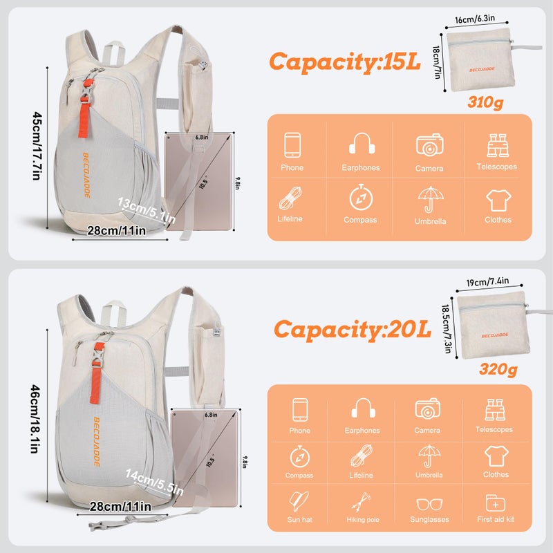 BECOJADDE 15L Small Hiking Backpack for Men Women Foldable Packable Back Pack Ultralight Hiking Daypack for Travel Camping Outdoor, Beige - Image 4