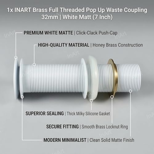 InArt Brass Pop Up Waste Coupling 32MM White Matt, Easy Press Anti-Foul for Table Top Basin, Fits All Basins, Brass, 7 Inch - (White 2) - Image 2