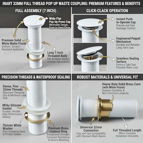 InArt Brass Pop Up Waste Coupling 32MM White Matt, Easy Press Anti-Foul for Table Top Basin, Fits All Basins, Brass, 7 Inch - (White 2) - Image 3