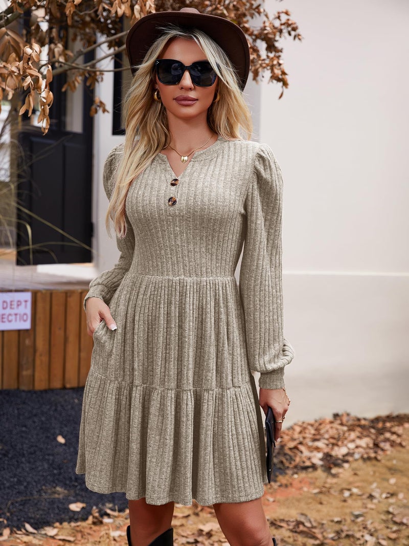 UEAL A Line Fit and Flare Dresses for Women 2025 Fall Wedding Guest Sweater Dress X-Large Khaki - Image 2