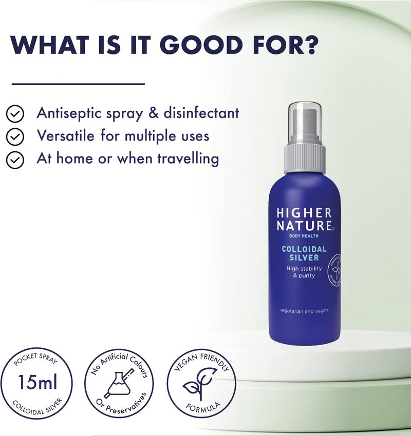 Higher Nature Colloidal Silver Purified Water with Premium Grade Silver Antiseptic Spray Disinfectant Spray Colloidal 15ml - Image 2