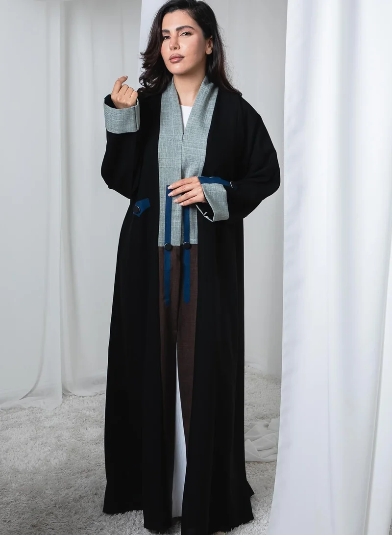 أم سكوير فاشن Black Abaya with Green, Blue and Brown Contrast Cuffs With Sheila