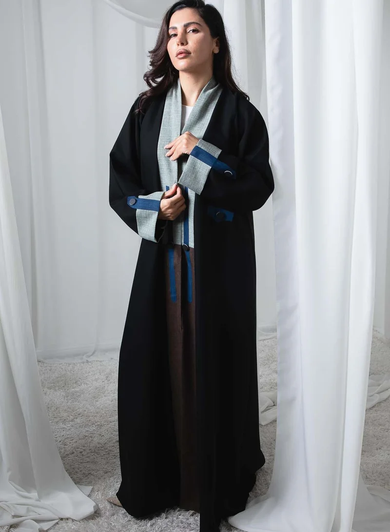 أم سكوير فاشن Black Abaya with Green, Blue and Brown Contrast Cuffs With Sheila