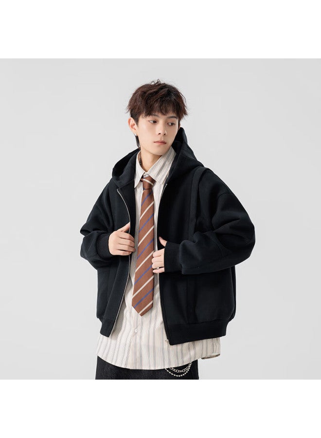 Izexx American Streetwear Men's Hoodie Autumn Winter Casual Fashion Versatile Zip-up Jacket Zge25 Black XL - Image 2