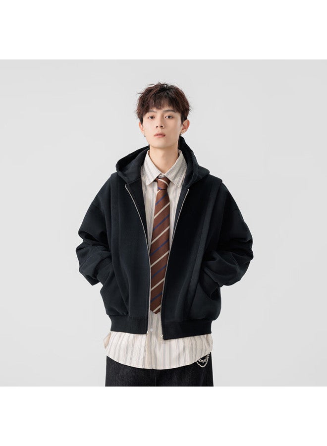 Izexx American Streetwear Men's Hoodie Autumn Winter Casual Fashion Versatile Zip-up Jacket Zge25 Black XL - Image 4