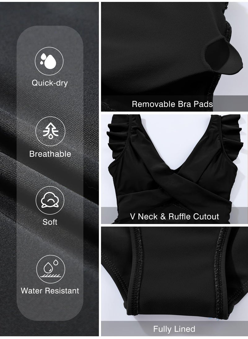 Aleumdr Women Cutout Ruffle One Piece Skirt Swimsuit V Neck Wrap Swimdress Tummy Control Bathing Suit Black X-Large - Image 5