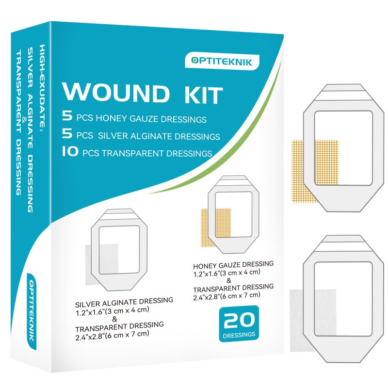 OPTITEKNIK Manuka Honey Gauze Dressing 3x4cm 5pcs, Silver Alginate Dressing 3x4cm 5pcs, Waterproof Transparent Adhesive Bandage 6x7cm 10pcs, Wound Care Kit for Small Burns, Cuts, and Abrasions - Image 1
