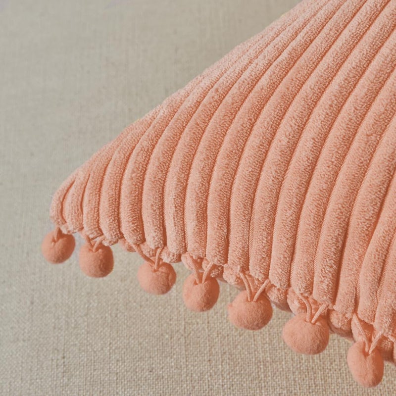 Fancy Homi Pack of 2 Peach Decorative Throw Pillow Covers 16x16 Inch with Pom-poms for Couch Bed Bedroom, Farmhouse Boho Home Decor, Soft Corduroy Solid Square Cushion Case 40x40 cm - Image 4