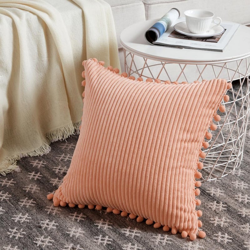Fancy Homi Pack of 2 Peach Decorative Throw Pillow Covers 16x16 Inch with Pom-poms for Couch Bed Bedroom, Farmhouse Boho Home Decor, Soft Corduroy Solid Square Cushion Case 40x40 cm - Image 2