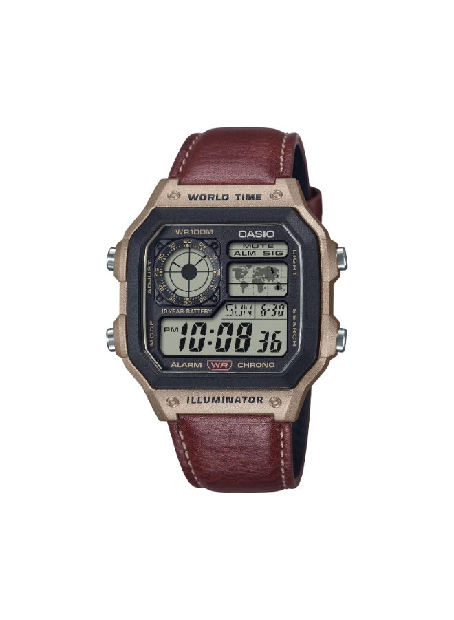 Casio AE-1200WHL-5AVEF Men’s Digital World Time Watch – Brown Leather Strap, LED Light, 100M Water Resistance - Image 1