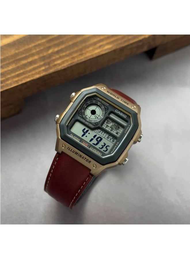 Casio AE-1200WHL-5AVEF Men’s Digital World Time Watch – Brown Leather Strap, LED Light, 100M Water Resistance - Image 2