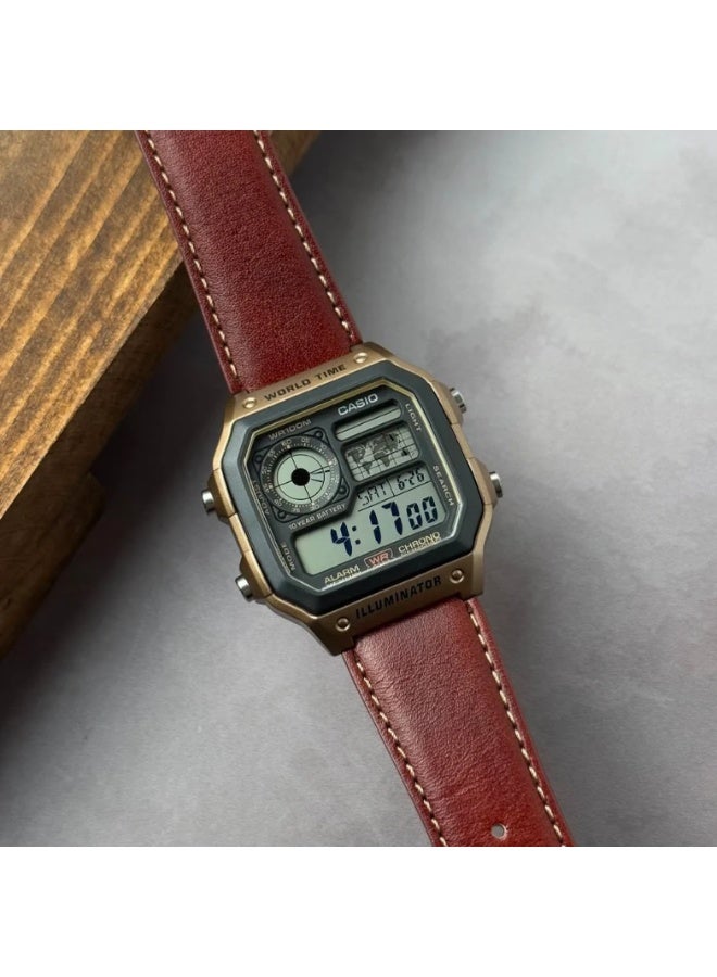 Casio AE-1200WHL-5AVEF Men’s Digital World Time Watch – Brown Leather Strap, LED Light, 100M Water Resistance - Image 3