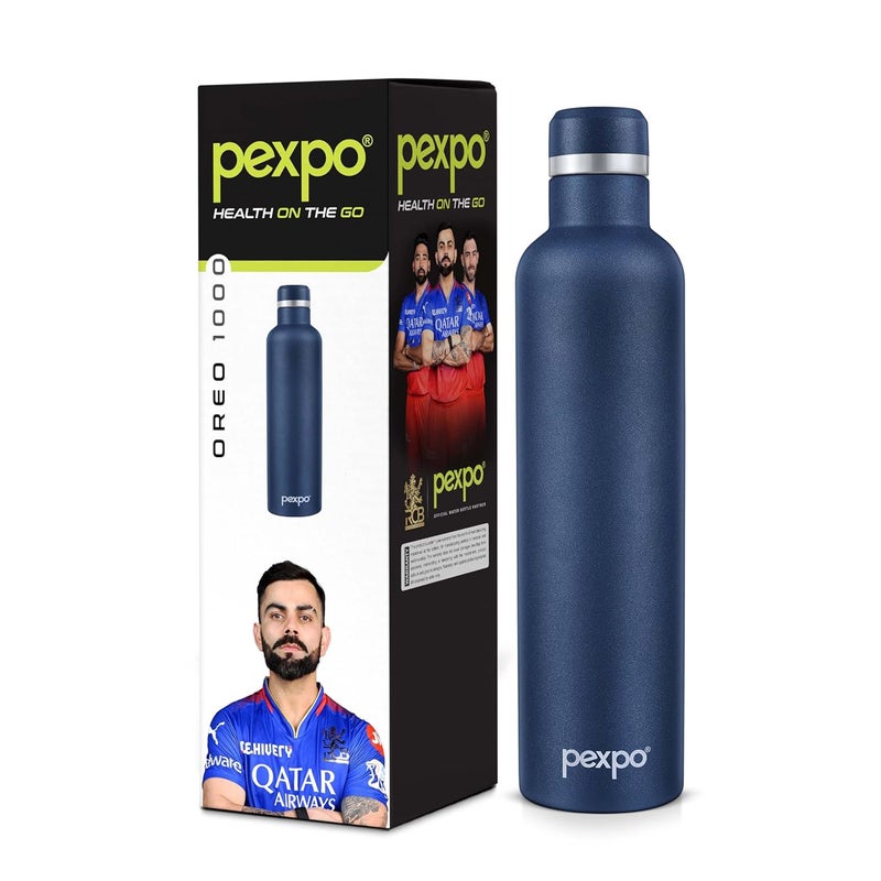 Pexpo Oreo Pro Stainless Steel Hot and Cold Vacuum Insulated ISI Certified Flask 1000ml Denim Blue Double Wall Flask BPA Free Office School Home Hiking Gym RCB Edition