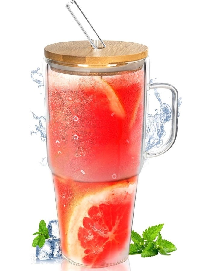 Happy Home Glass Mug with Lids and Straws - 680Ml Tumbler with Handle and Straw Glass Water Bottles Drinking Glasses Glass Straws Iced Coffee Cups Travel Coffee Mug Smoothie Cup Glass Tumbler- Clear - Image 1