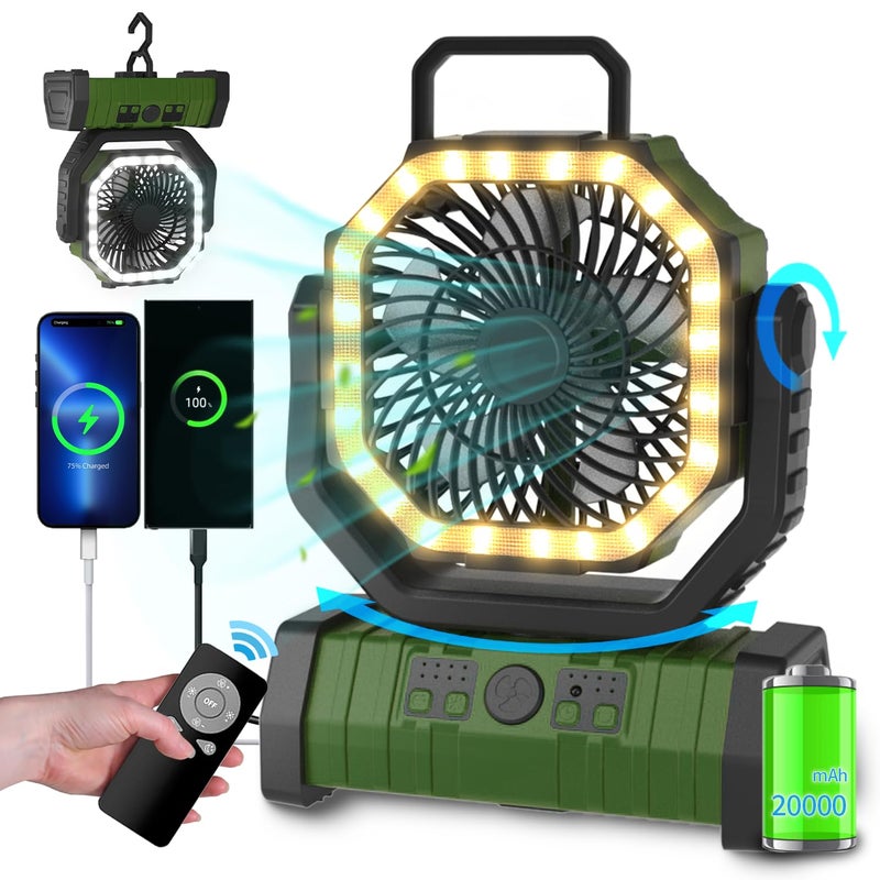 ADUST Camping Battery Powered Fan with LED Light 20000mAh Rechargeable Portable Oscillating Cordless USB Desk Fan with Rotation Hanging Hook for Tent Canopy Beach Outdoor TravelGreen