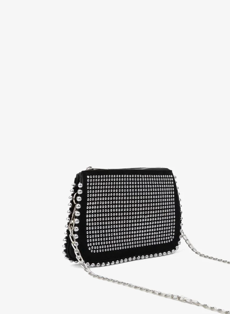 Women's Zerrin Black Edge and Sequenced Stone Suede Zipper Closure Mini Hand, Wrist and Shoulder Bag.