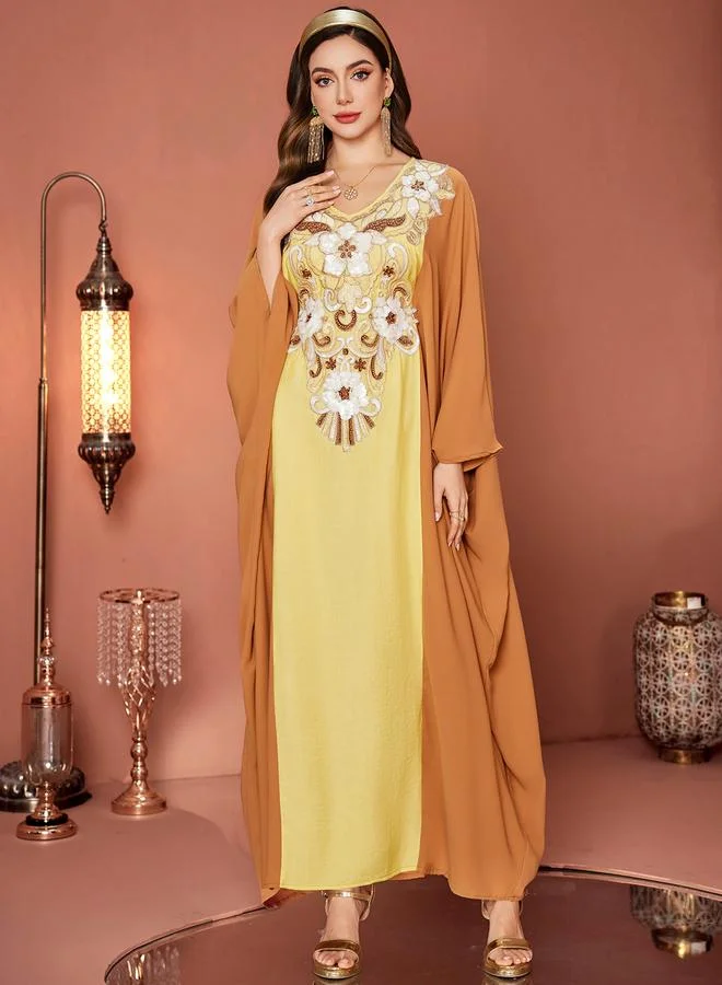 Take Two  Women Yellow Embellished Flower Patch Detail Jalabiya for Women | Best Price UAE