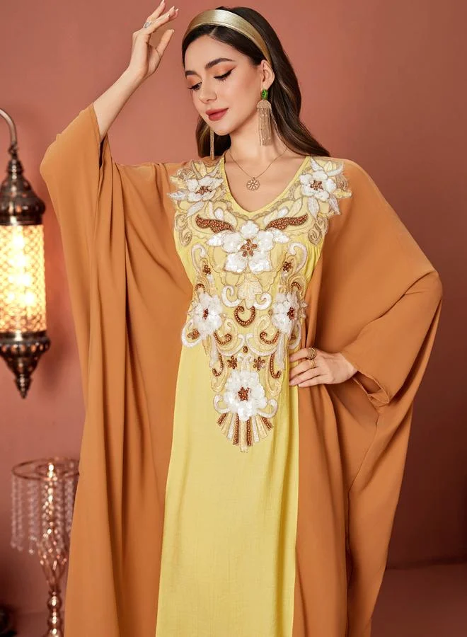 Take Two  Women Yellow Embellished Flower Patch Detail Jalabiya for Women | Best Price UAE