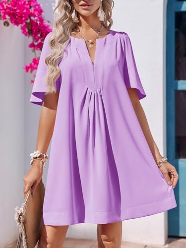 Wenrine Womens Flutter Short Sleeve Mini Dress Casual V Neck Loose Flowy Summer Shift Dresses Violet - Image 2