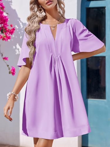 Wenrine Womens Flutter Short Sleeve Mini Dress Casual V Neck Loose Flowy Summer Shift Dresses Violet - Image 3