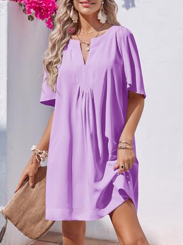 Wenrine Womens Flutter Short Sleeve Mini Dress Casual V Neck Loose Flowy Summer Shift Dresses Violet - Image 4