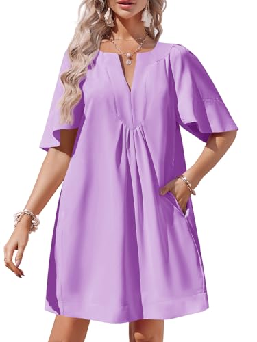 Wenrine Womens Flutter Short Sleeve Mini Dress Casual V Neck Loose Flowy Summer Shift Dresses Violet - Image 1