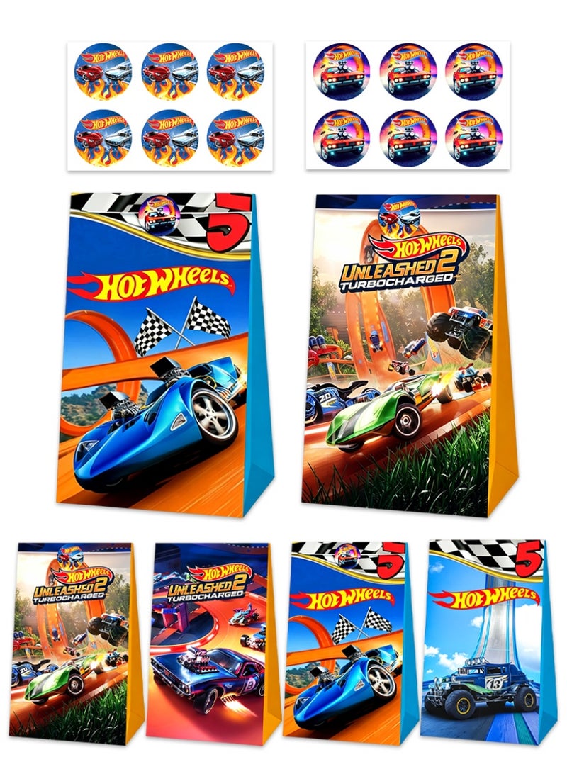 Hot Wheels Party Favor Bags with Stickers – 12 Hot Wheels Candy Bags + 12 Round Stickers, 21×12cm Loot Bags for Hot Wheels Themed Birthday Party Supplies, Goodie Bags, Hot Wheels Gift Bags - Image 1