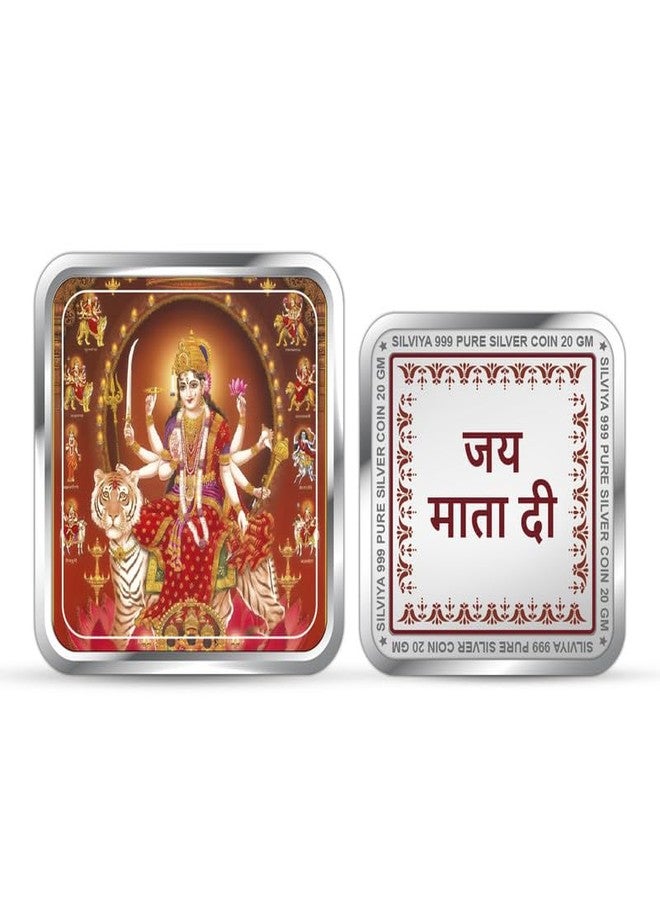 Silviya BIS Hallmarked 999 Pure Silver Durga Mata Coin (20 Gram) Square Shape - Divine Energy and Protection - Spiritual Blessing Gift - Sacred Home Decor - Certificate of Authenticity - Image 1
