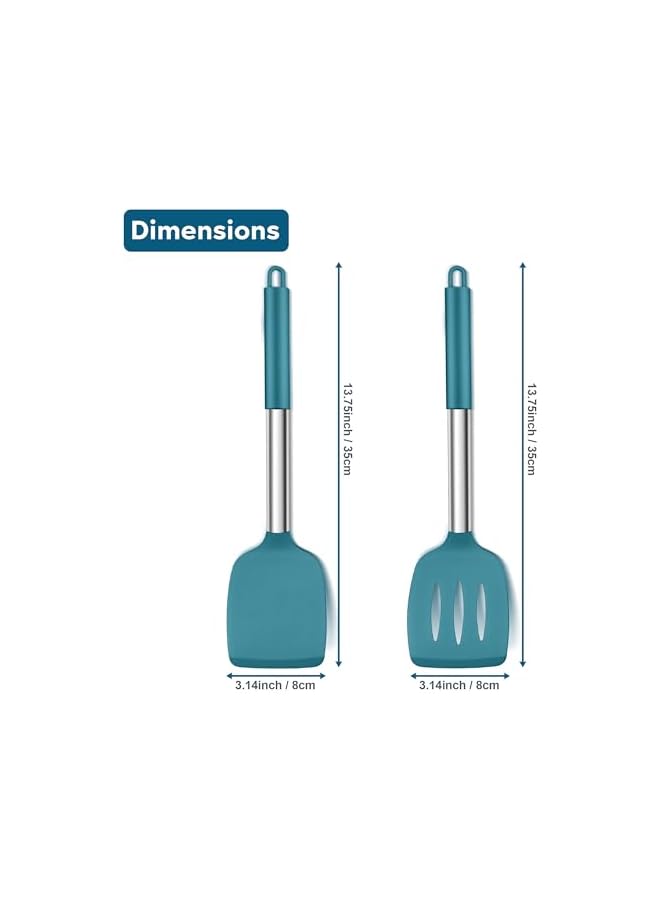 Silicone Spatula, Stainless Steel Spatula Pack of 2, Cooking Turner/Non Stick Kitchen Slotted Spatula Ideal for Fish, Eggs, Pancakes, Heat Resistant & Dishwasher Safe, Blue - Image 2