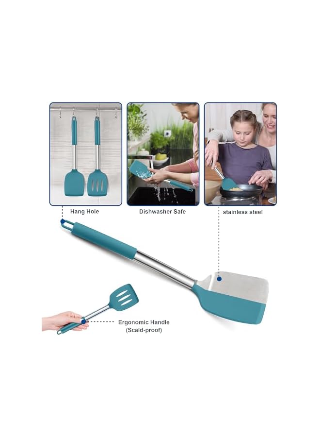 Silicone Spatula, Stainless Steel Spatula Pack of 2, Cooking Turner/Non Stick Kitchen Slotted Spatula Ideal for Fish, Eggs, Pancakes, Heat Resistant & Dishwasher Safe, Blue - Image 3