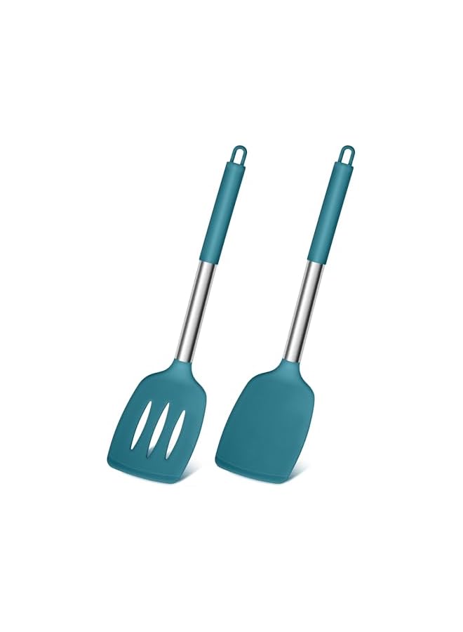 Silicone Spatula, Stainless Steel Spatula Pack of 2, Cooking Turner/Non Stick Kitchen Slotted Spatula Ideal for Fish, Eggs, Pancakes, Heat Resistant & Dishwasher Safe, Blue - Image 1