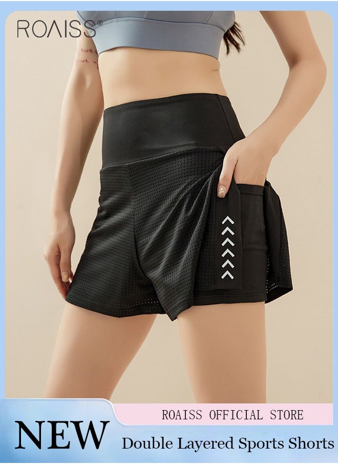 roaiss - Fake Two-Piece Double-Layer Design Quick-Drying Yoga Shorts For Women'S Daily Fitness Sports Widened High-Waisted Shorts With Mobile Phones Inside - Image 1