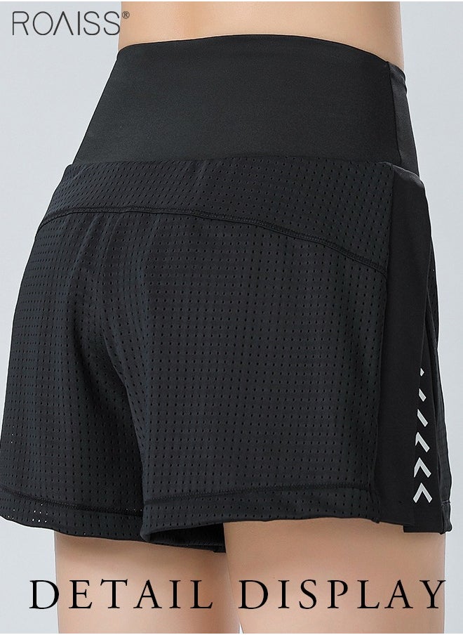 roaiss - Fake Two-Piece Double-Layer Design Quick-Drying Yoga Shorts For Women'S Daily Fitness Sports Widened High-Waisted Shorts With Mobile Phones Inside - Image 1