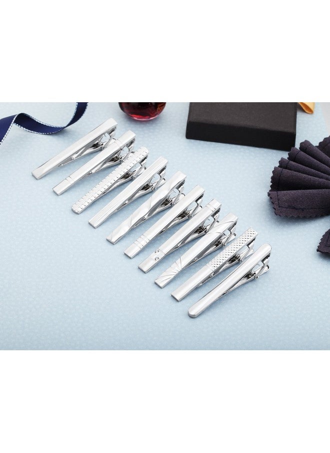 AnotherKiss - Tie Clip Set Of Men Classic Jewelry Gift 10 Pcs Of Silver Tone 2.3 Inches - Image 1