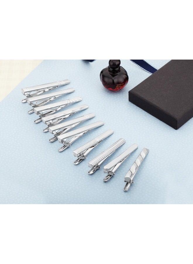 AnotherKiss - Tie Clip Set Of Men Classic Jewelry Gift 10 Pcs Of Silver Tone 2.3 Inches - Image 1