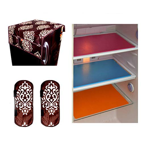 KANUSHI Industries Floral Design 1 Fridge Cover for Top with 6 Utility Pockets (Brown Color) + 2 Handles Covers + 3 Fridge Mats - Image 1