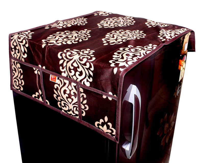 KANUSHI Industries Floral Design 1 Fridge Cover for Top with 6 Utility Pockets (Brown Color) + 2 Handles Covers + 3 Fridge Mats - Image 2