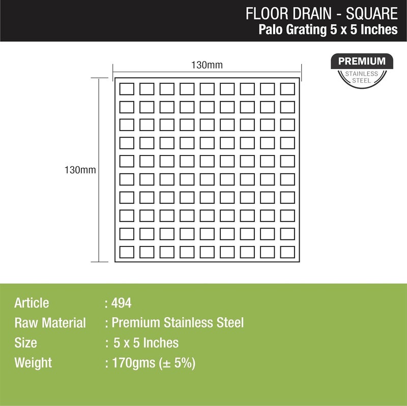 Lipka LIPKA Palo Grating Floor Drain Premium Stainless Steel5 x 5 Inches - Image 2