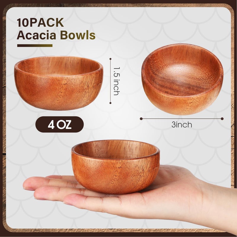 Skylety 10 Pcs Acacia Wooden Bowls Small Calabash Bowls Round Wood Salad Hand Carved Calabash Dip Tray for Serving Popcorn Pasta Candy Cereal Coconut Nuts Sauce Appetizers Kitchen (3 Inch) - Image 2