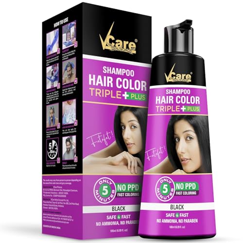 VCare Shampoo Hair Colour Shampoo-Black 180ml for Women and Men |Pump pack with Natural extracts | Colours hair in minutes|Enriched with growth factors & antioxidants, Ammonia free, Sulphate free - Image 1