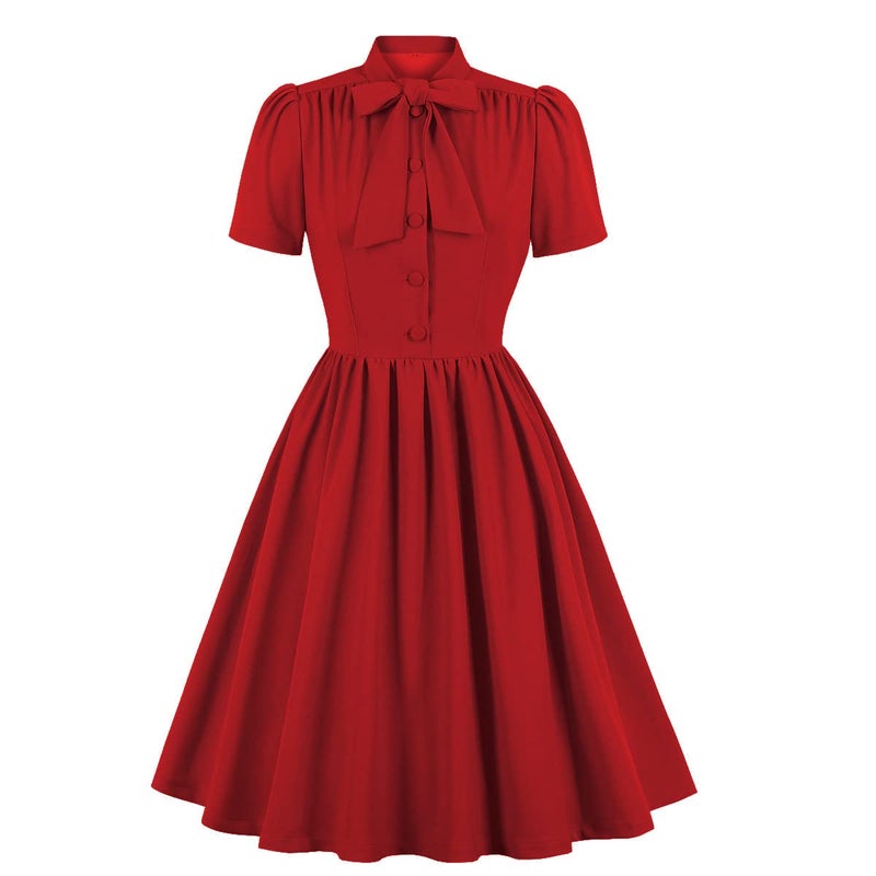 IKADEX Vintage Women 1940s Bow Tie Neck Dress Retro 40s 50s Button Up Business Work A-line Cocktail Dresses Red M - Image 1