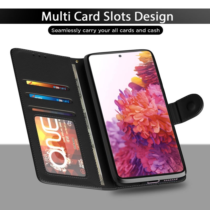 Pikkme غطاء فليب من بيكم لساعة سامسونج جالاكسي S20 FE / S20 FE 5G بتشطيب جلدي | داخل TPU مع جيوب للبطاقات | حامل محفظة ومضاد للصدمات | إغلاق مغناطيسي | حماية كاملة بغطاء فليب (أسود) - Image 5