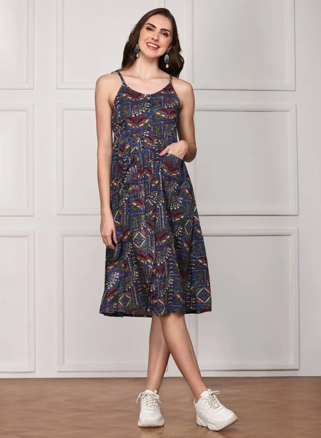آي شين Women's Blue 100% Cotton Self Design A-Line Dress