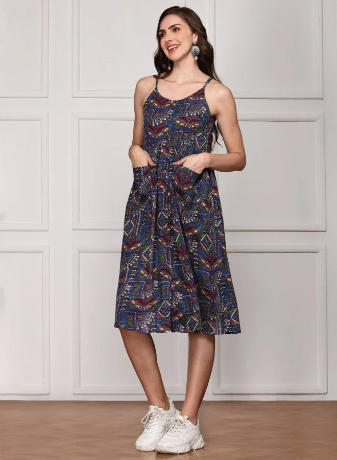 ISHIN Women's Blue 100% Cotton Self Design A-Line Dress